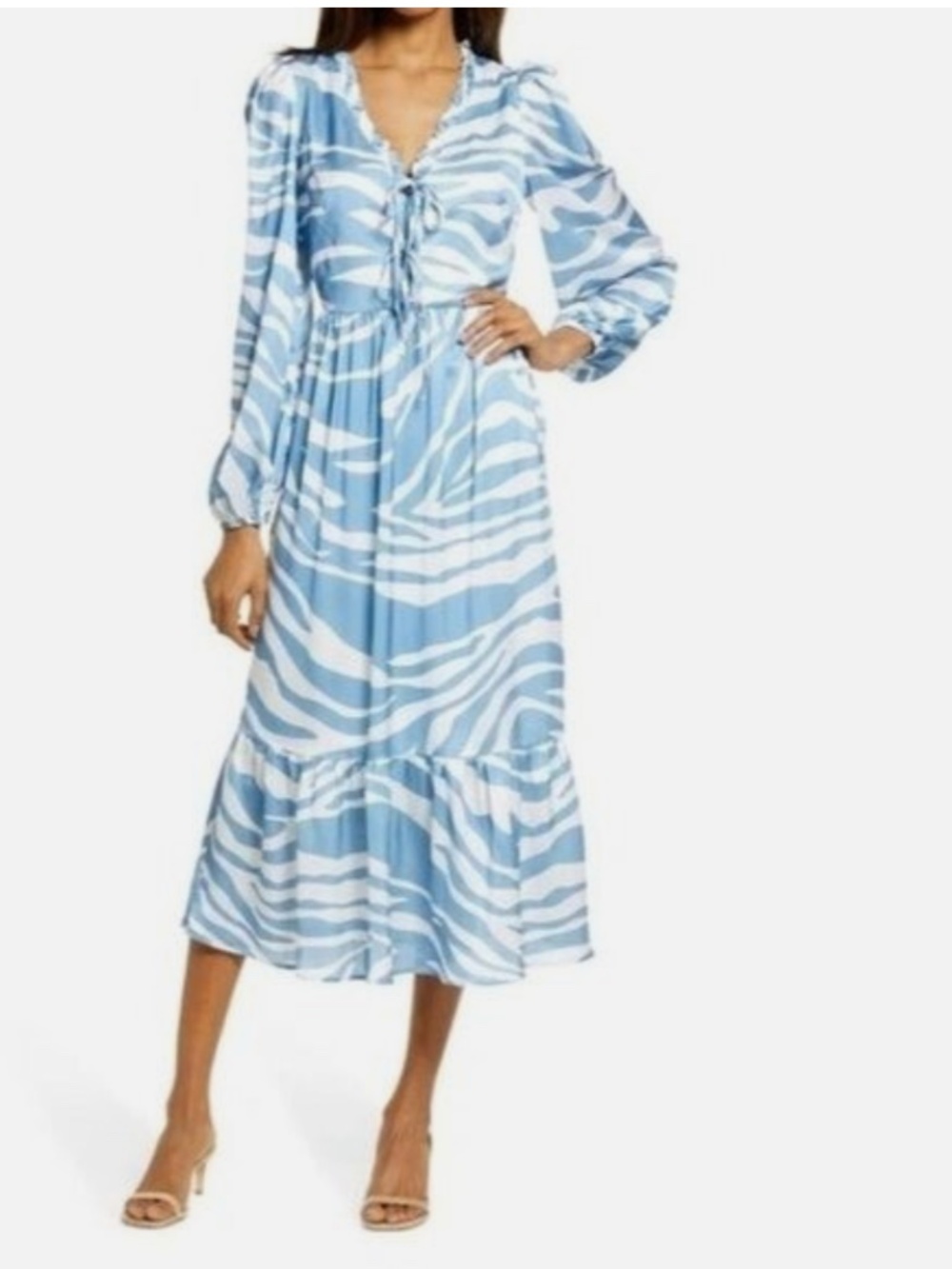 Never Fully Dressed Light Blue Zebra Long Sleeve Tie Front Midi Dress Size 6